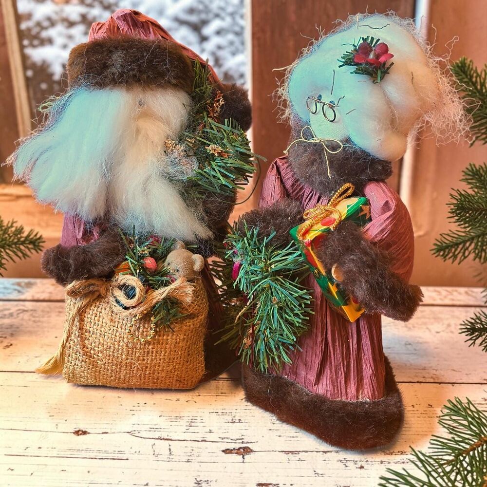 Vintage Primitive Crepe Paper & Faux Fur Santa and Mrs. Claus Figurine Pair